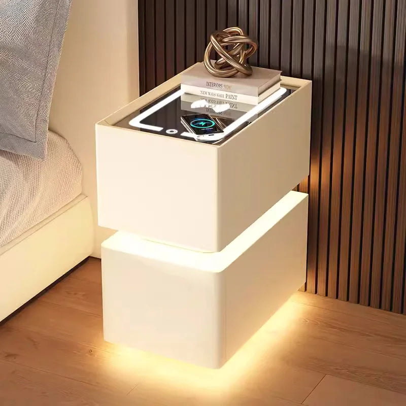 Elevate Your Bedroom with the Creative 25cm Smart Bedside Table Featuring Sensor Light and Wireless Charging in Nordic Style