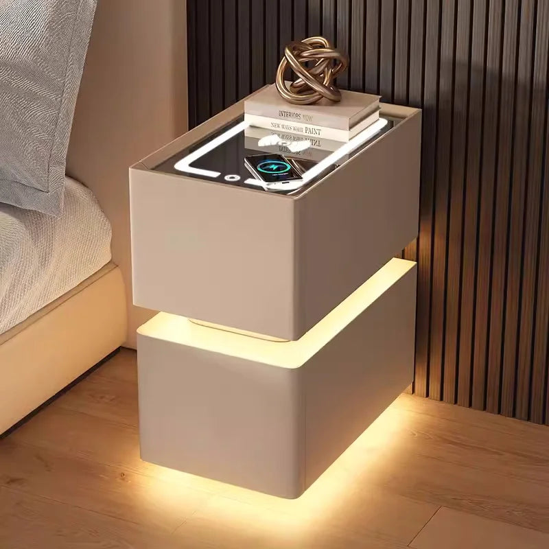Elevate Your Bedroom with the Creative 25cm Smart Bedside Table Featuring Sensor Light and Wireless Charging in Nordic Style