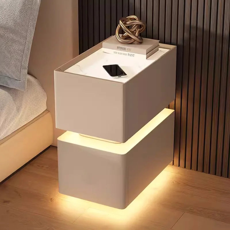 Elevate Your Bedroom with the Creative 25cm Smart Bedside Table Featuring Sensor Light and Wireless Charging in Nordic Style